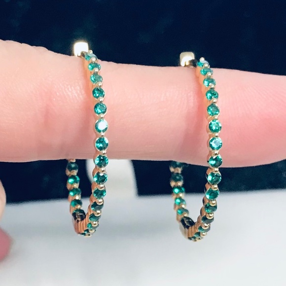 Lab Emerald Inside Out Hoop Earrings - Picture 5 of 11